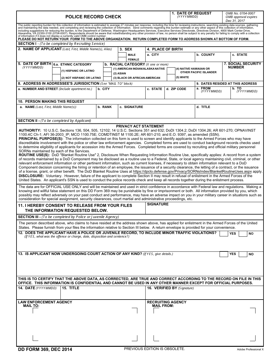 DD Form 369 Police Record Check, Page 1