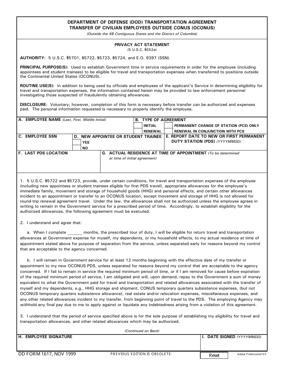 DD Form 1617 Department of Defense (DoD) Transportation Agreement Transfer of Civilian Employees Outside Conus (OCONUS), Page 1