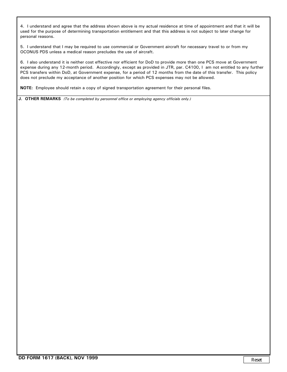 DD Form 1617 Department of Defense (DoD) Transportation Agreement Transfer of Civilian Employees Outside Conus (OCONUS), Page 2