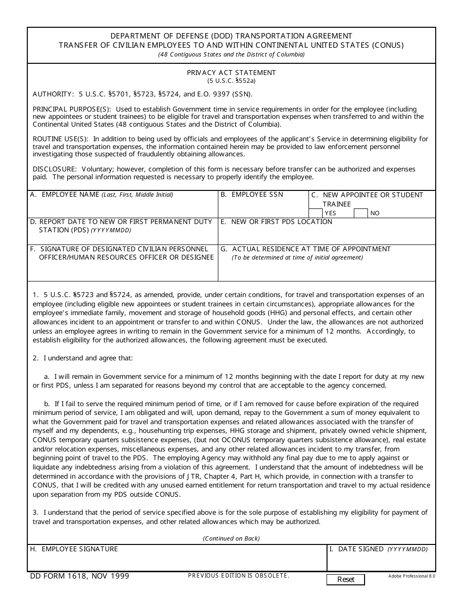 DD Form 1618 Department of Defense (DoD) Transportation Agreement Transfer of Civilian Employees to and Within Continental United States (Conus), Page 1