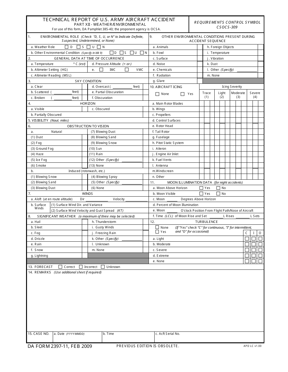 DA Form 2397-11 Technical Report of U.S. Army Aircraft Accident, Part XII - Weather / Environmental, Page 1