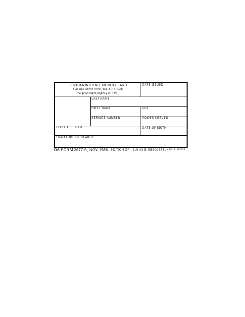 DA Form 2677-r United States Army Civilian Internee Identity Card