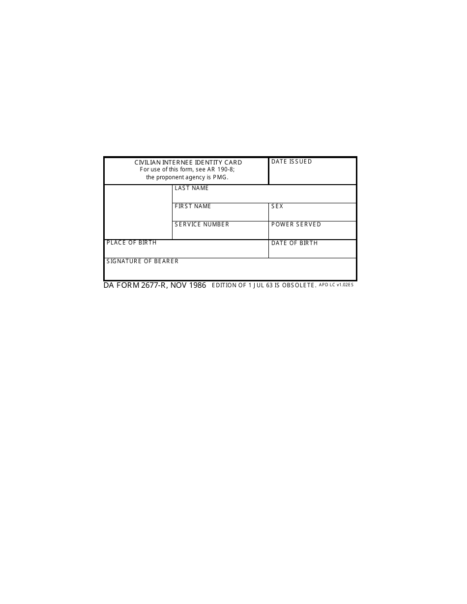 DA Form 2677-r United States Army Civilian Internee Identity Card, Page 1
