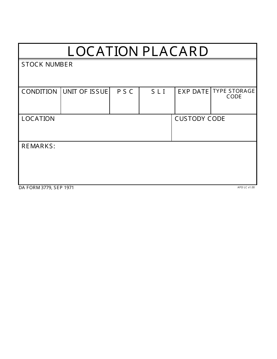 DA Form 3779 Location Placard, Page 1