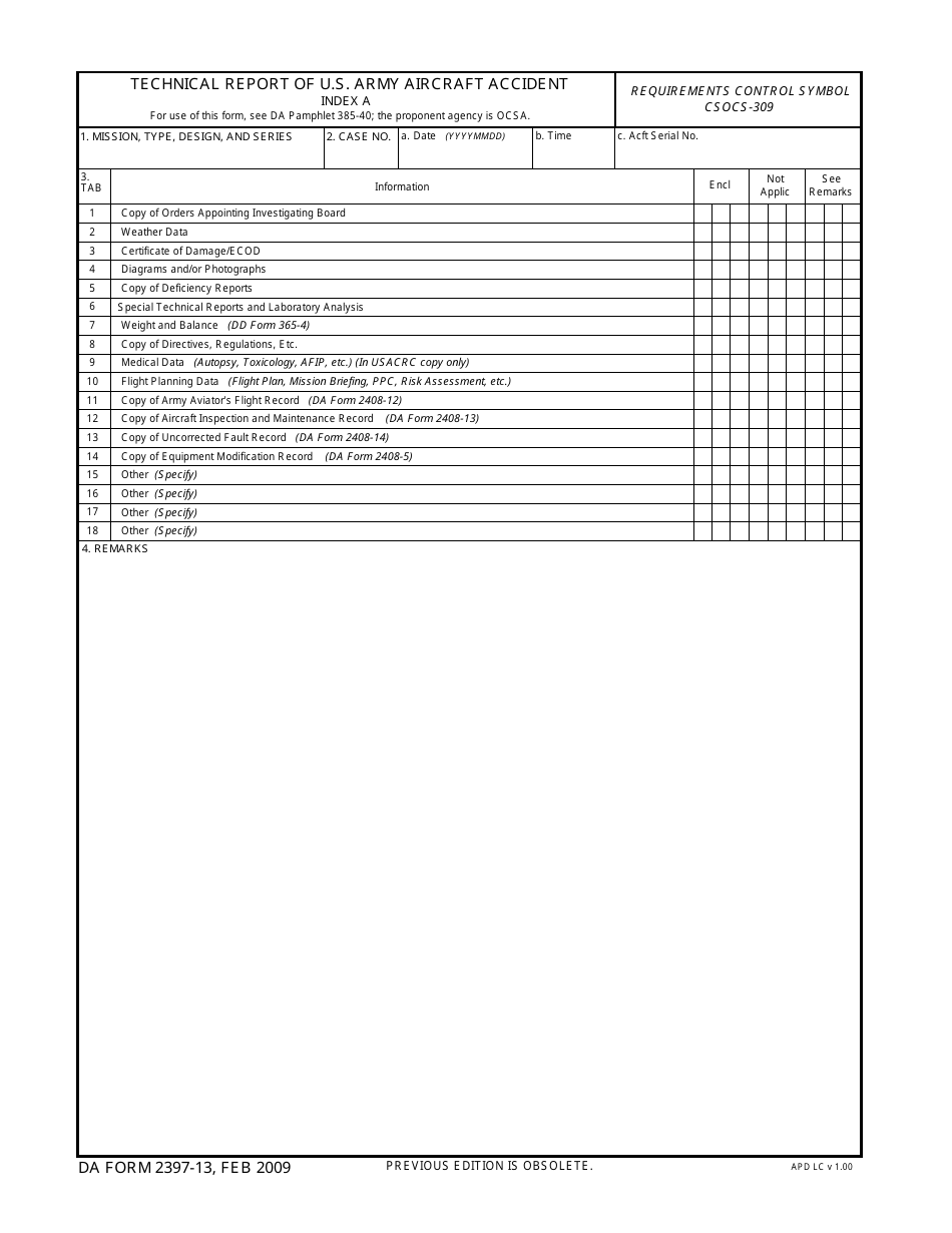 DA Form 2397-13 Technical Report of U.S. Army Aircraft Accident Index a, Page 1