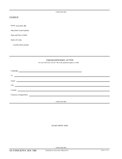 DA Form 2679-r  Printable Pdf
