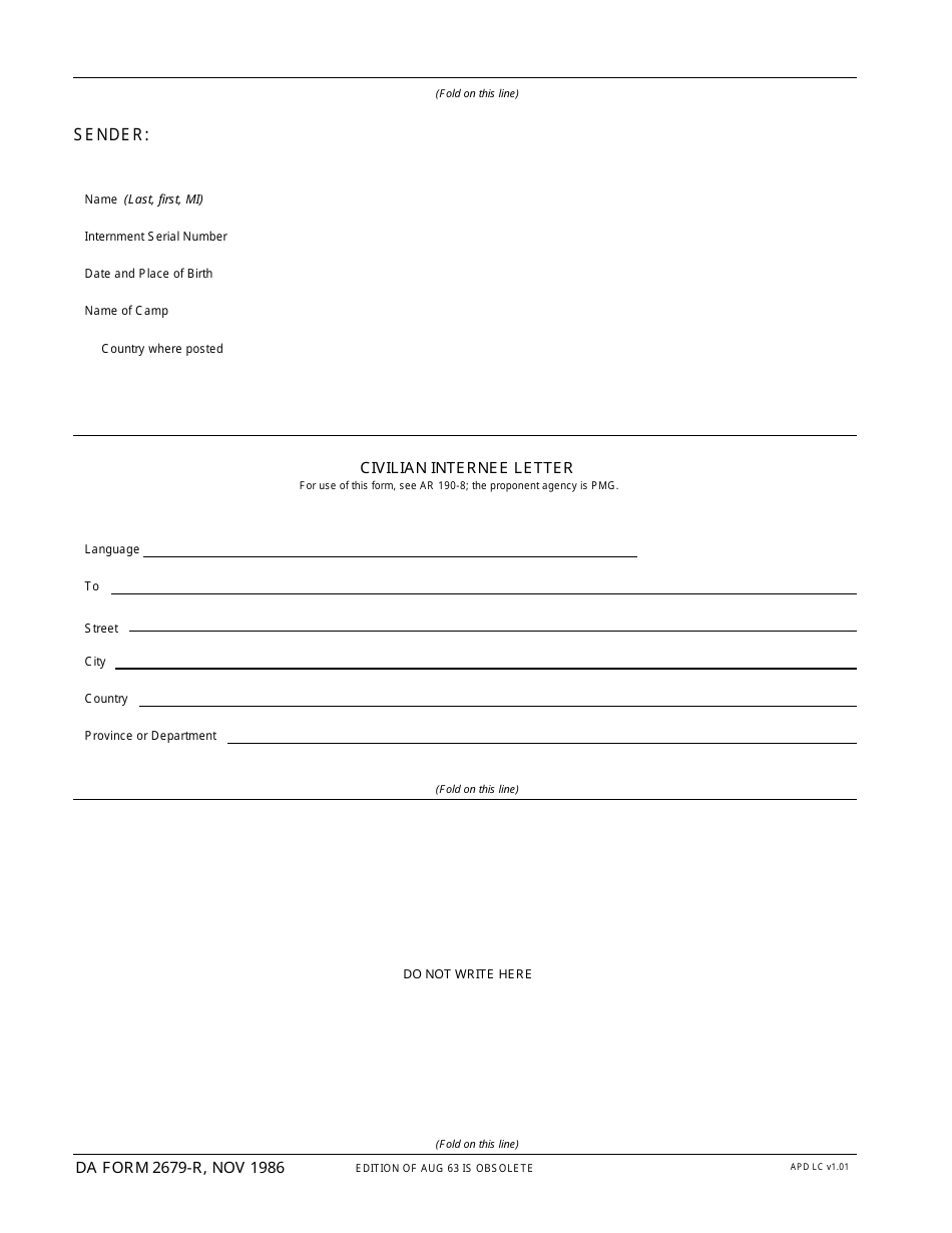 DA Form 2679-r Civilian Internee Letter, Page 1