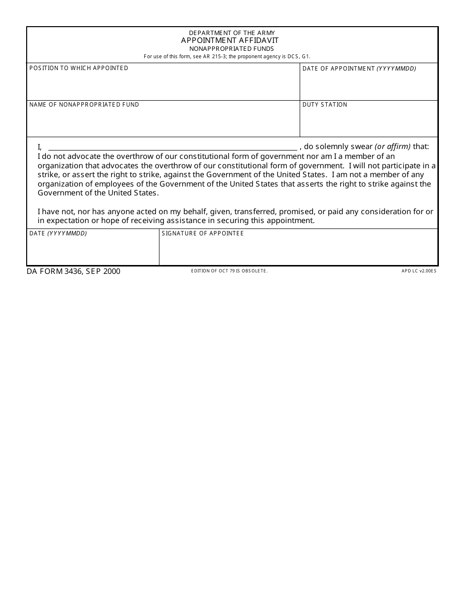 DA Form 3436 Department of the Army Appointment Affidavit - Nonappropriated Funds, Page 1
