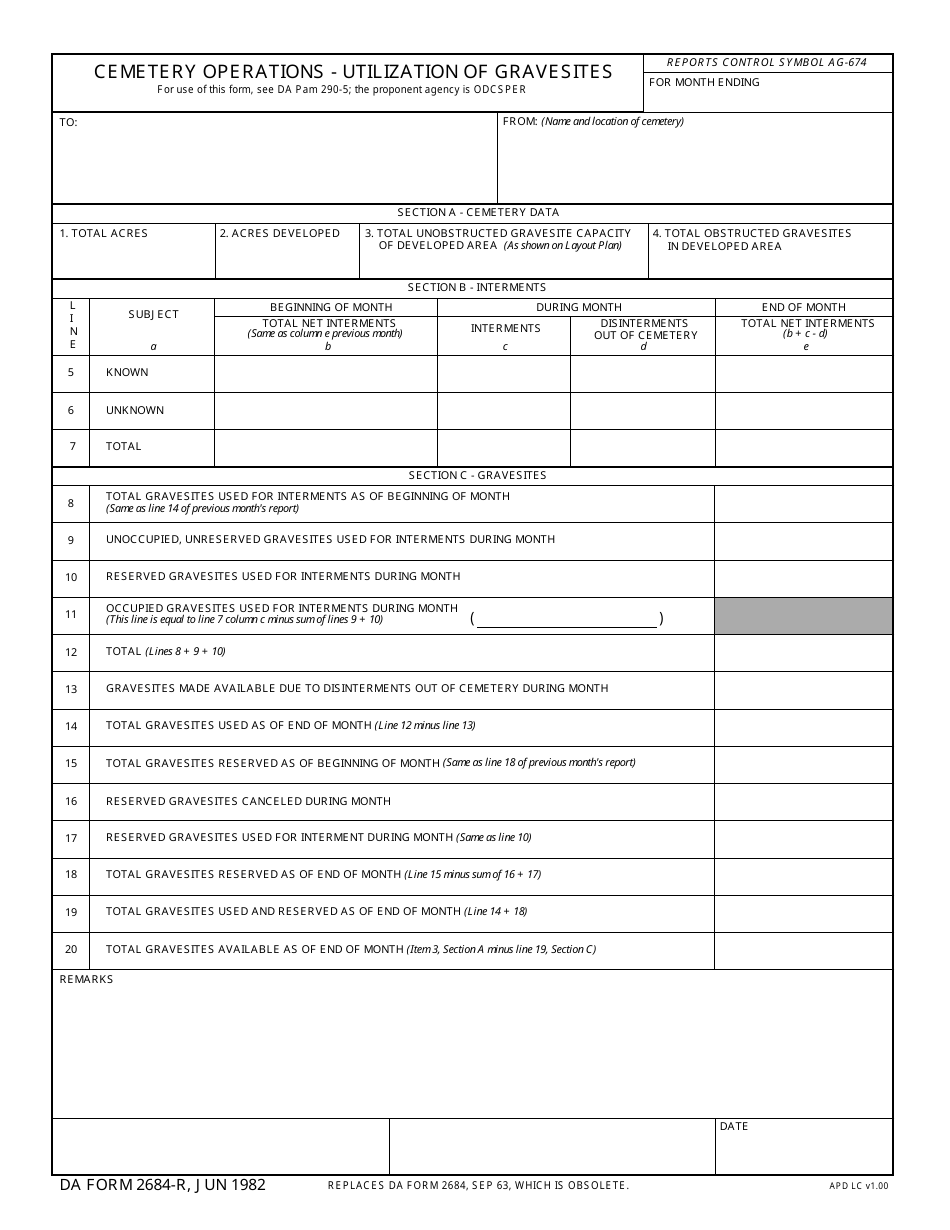 DA Form 2684-r Cemetery Operations - Utilization of Gravesites, Page 1
