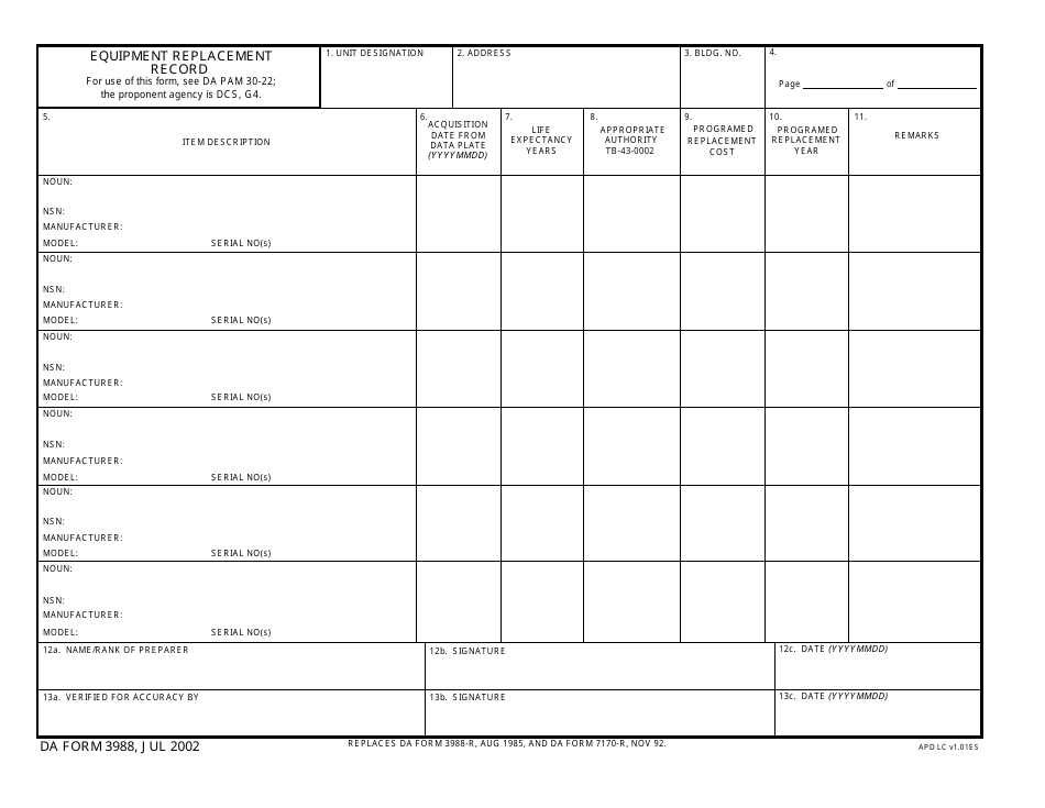 DA Form 3988 Equipment Replacement Record, Page 1