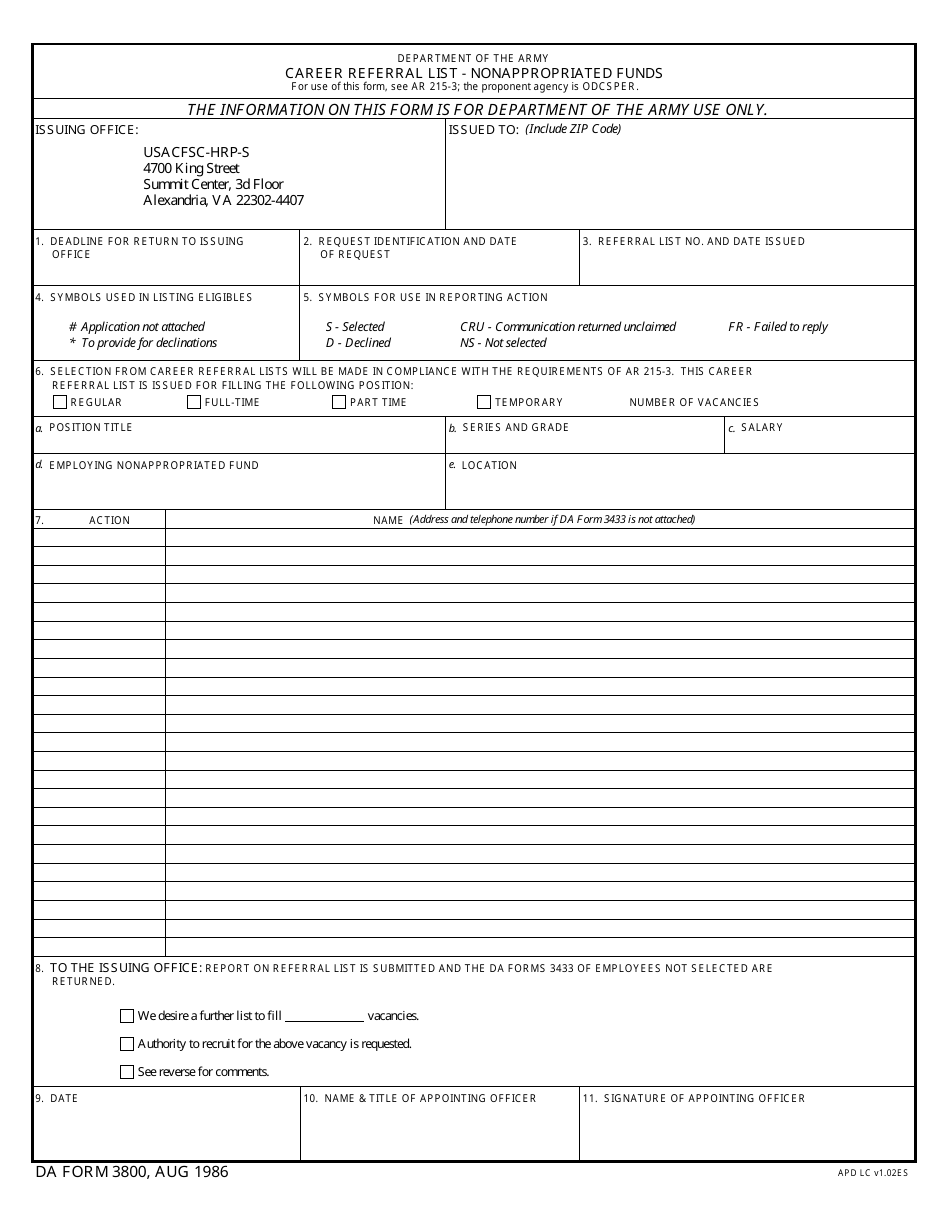 DA Form 3800 Career Referral List-Nonappropriated Funds, Page 1