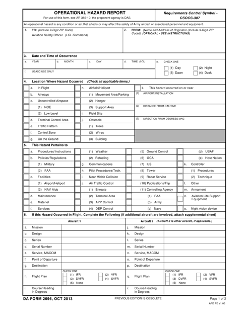 DA Form 2696 Download Printable PDF, Operational Hazard Report ...