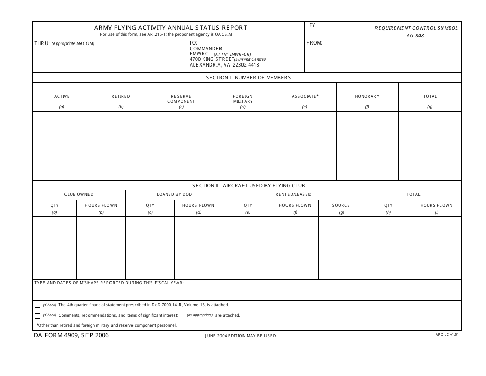 DA Form 4909 Army Flying Activity Annual Status Report, Page 1