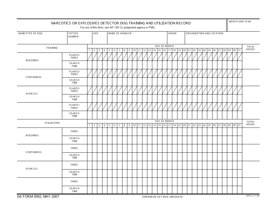 DA Form 3992 Narcotics or Explosives Detector Dog Training and Utilization Record, Page 1