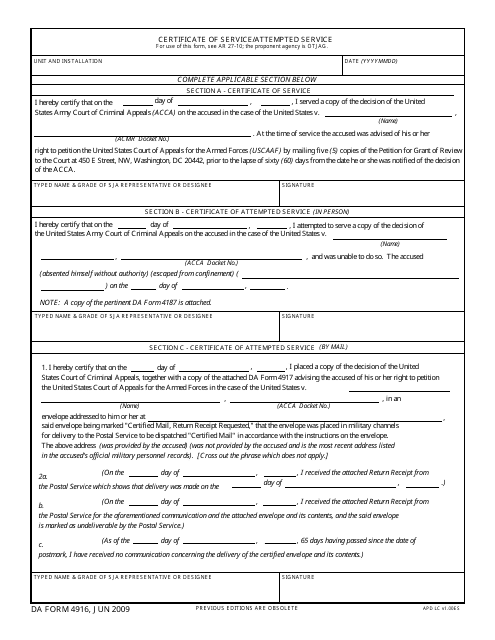DA Form 4916 Certificate of Service/Attempted Service
