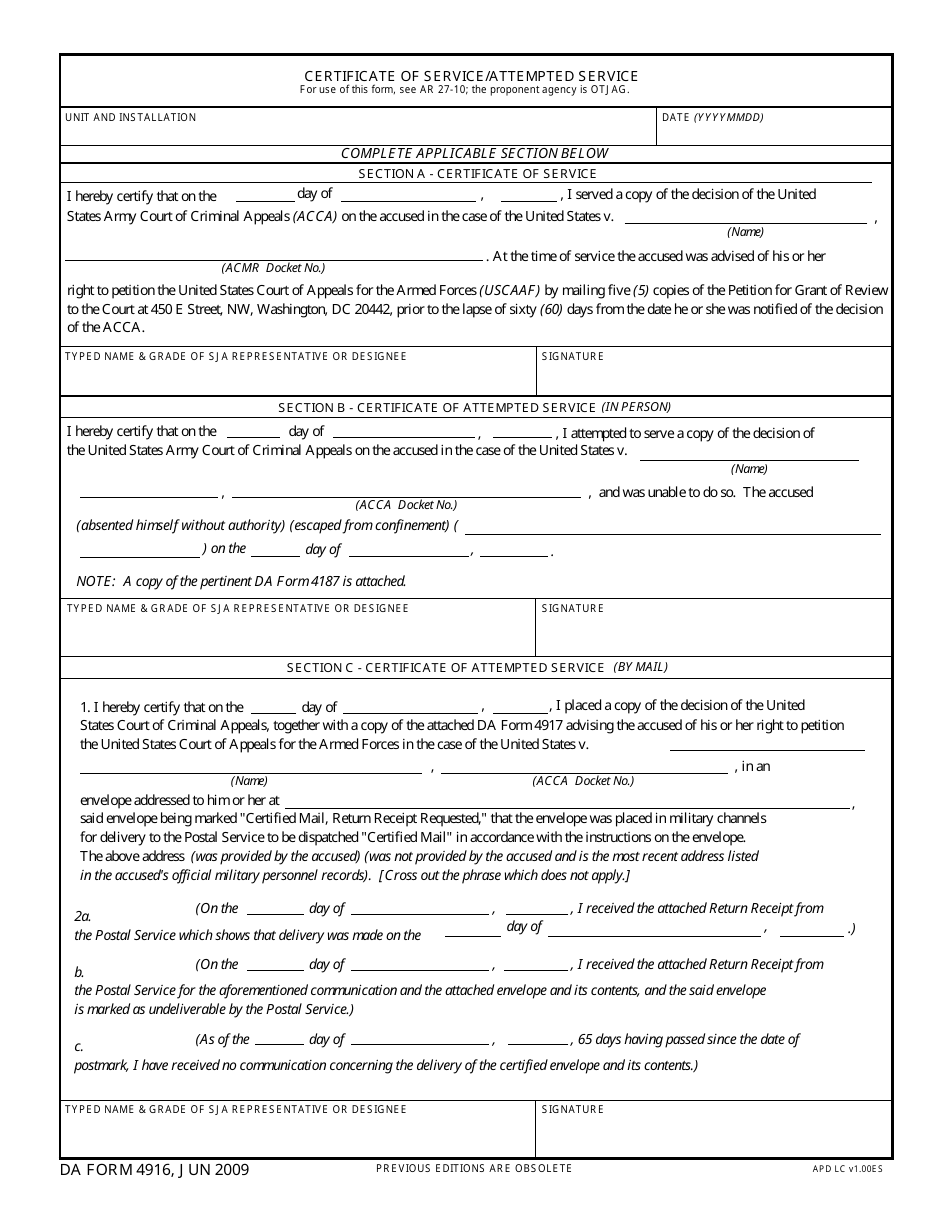 DA Form 4916 Certificate of Service / Attempted Service, Page 1