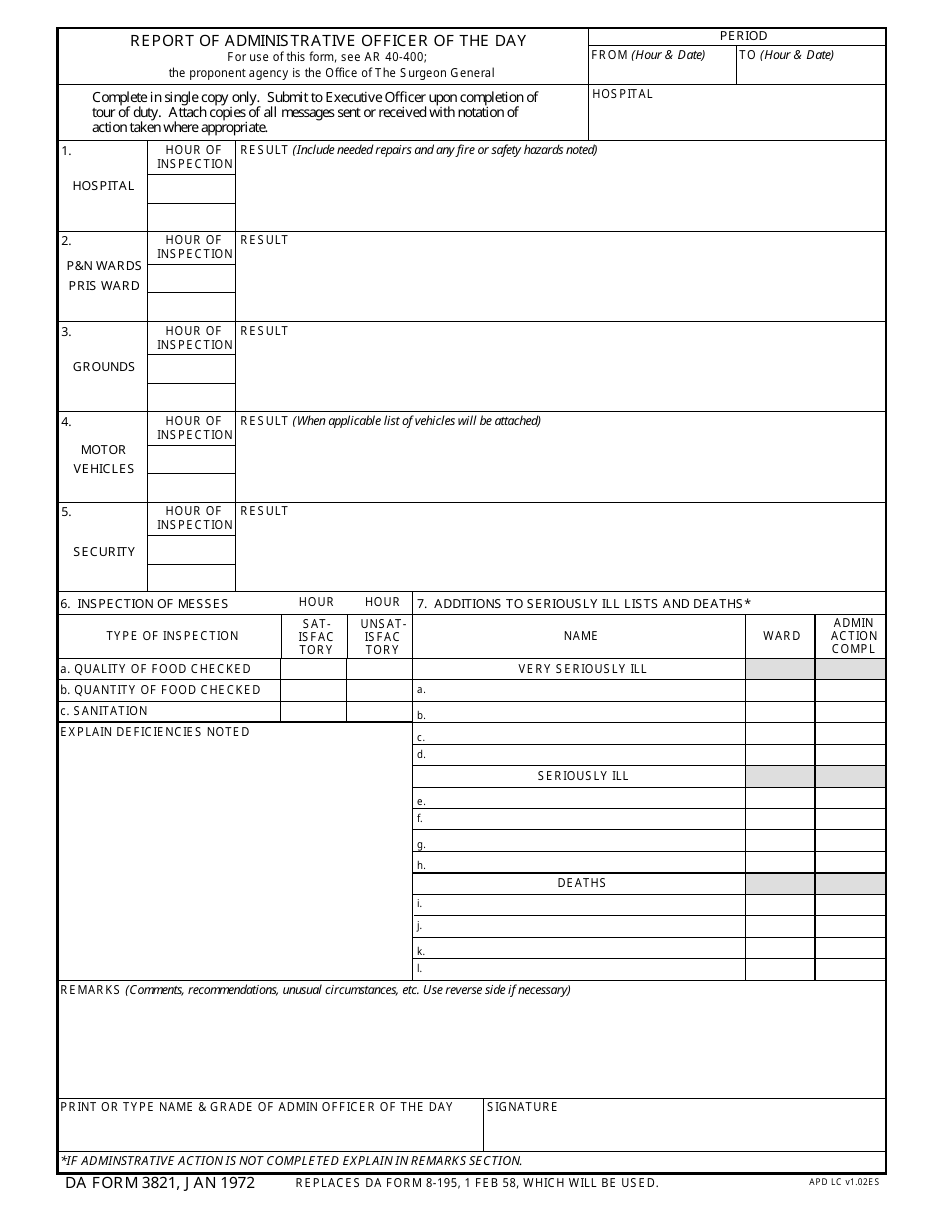 DA Form 3821 Report of Administrative Officer of the Day, Page 1