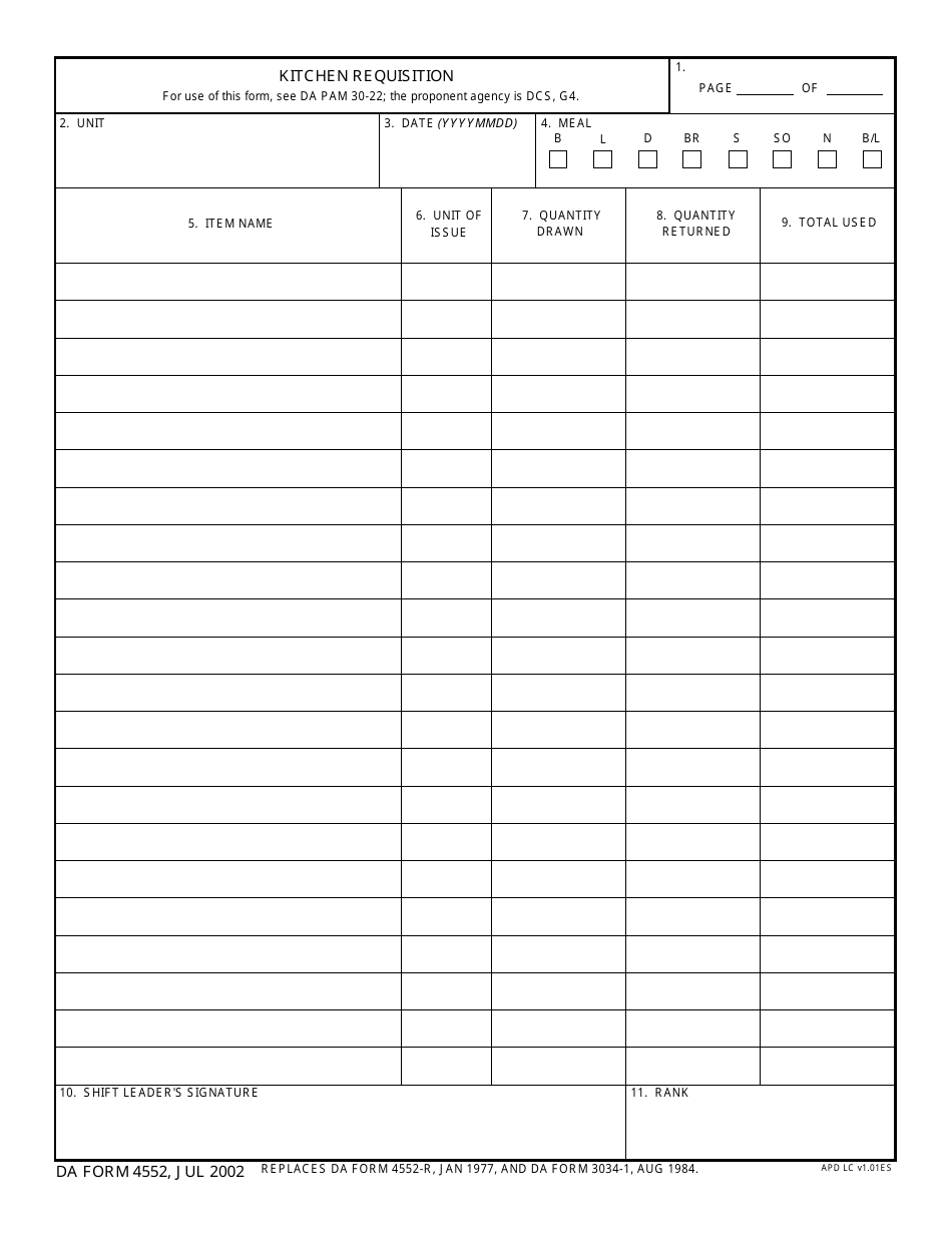 DA Form 4552 Kitchen Requisition, Page 1