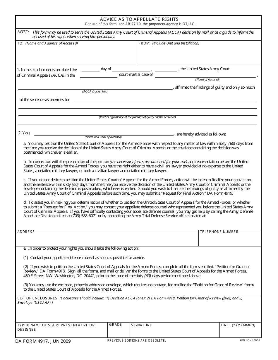 DA Form 4917 Advice as to Appellate Rights, Page 1