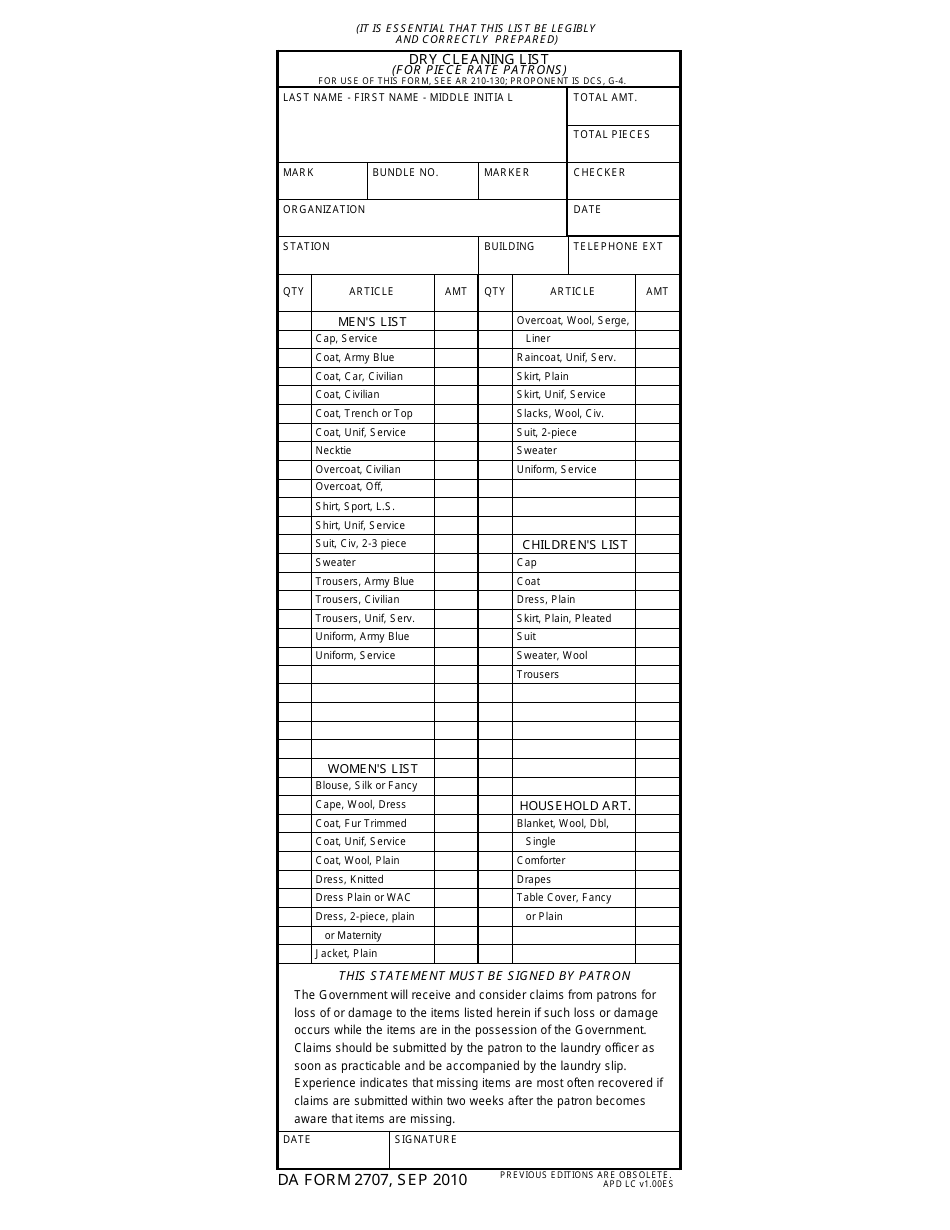 DA Form 2707 Dry Cleaning List (For Piece Rate Patrons), Page 1