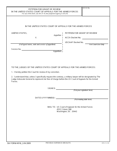 DA Form 4918  Printable Pdf