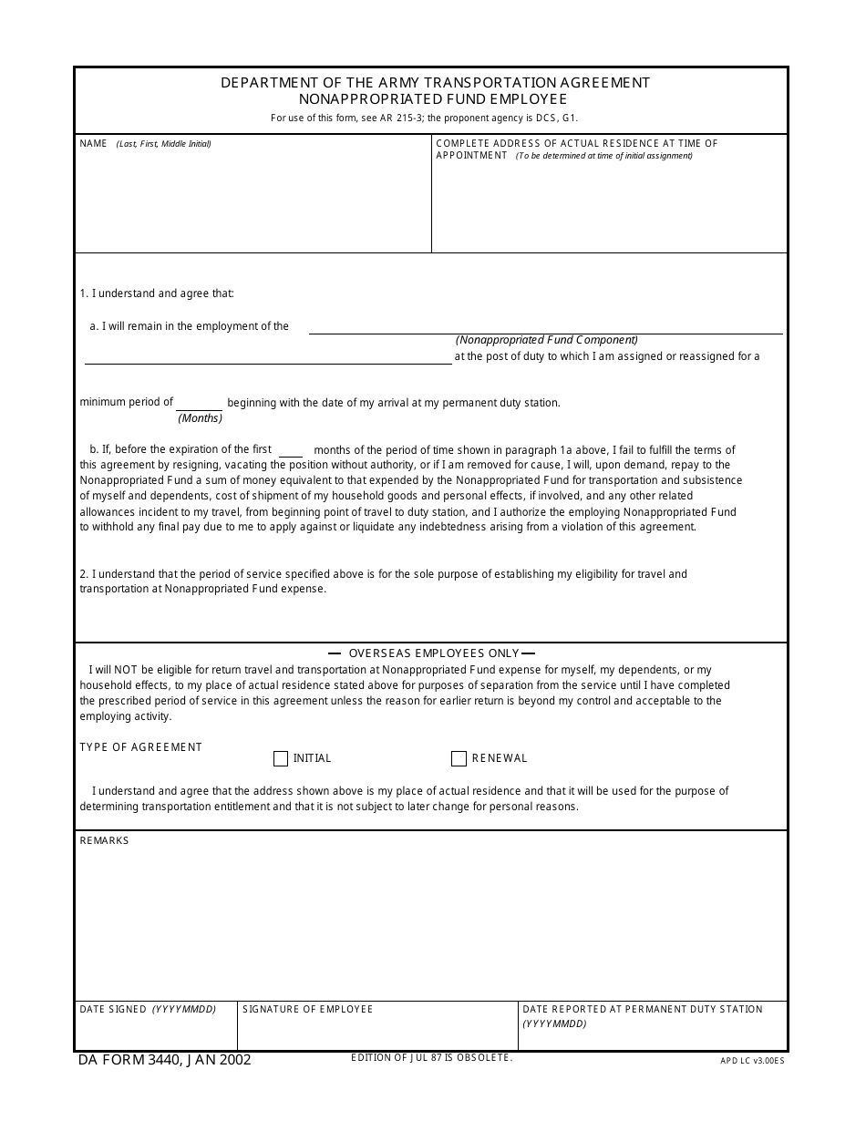 DA Form 3440 Department of the Army Transportation Agreement Nonappropriated Fund Employee, Page 1