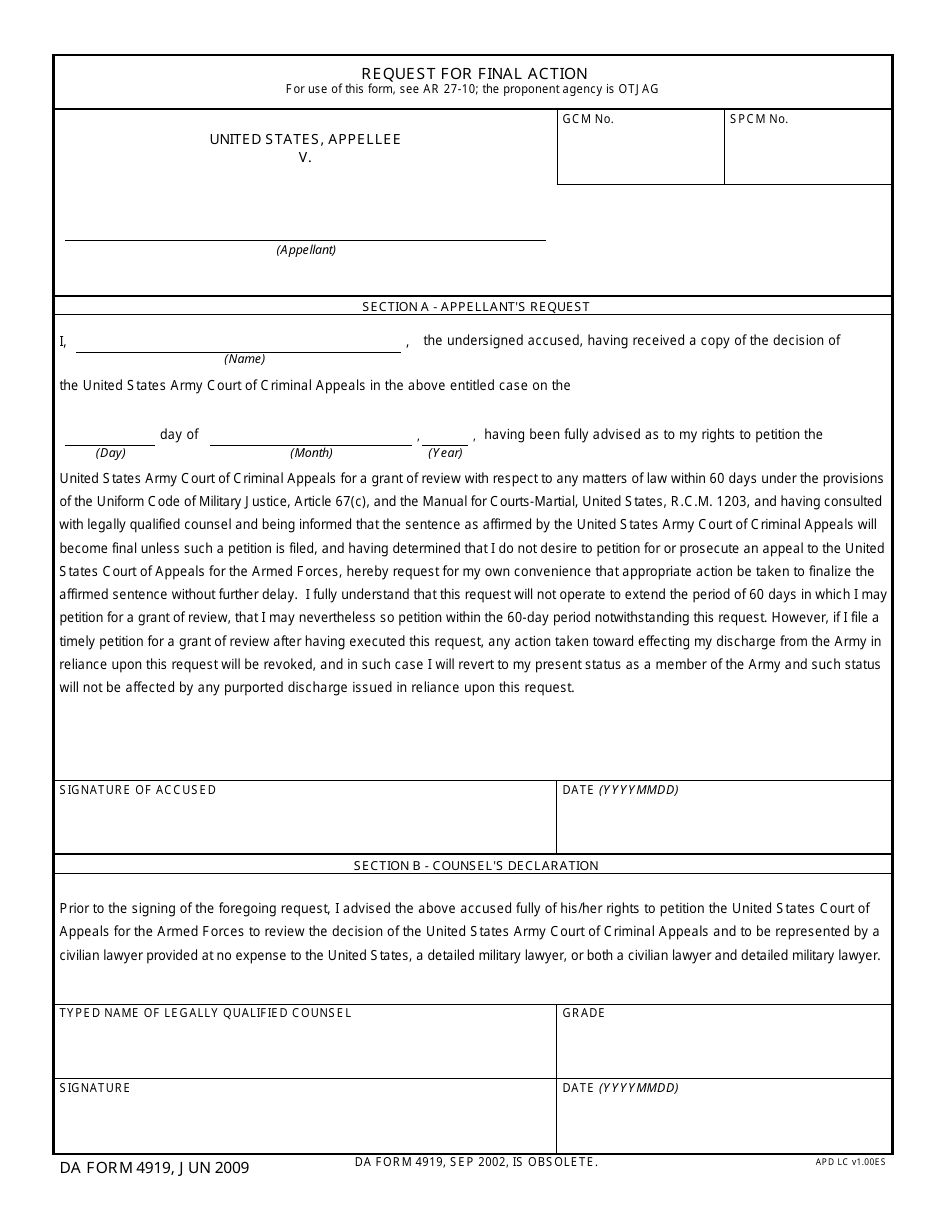 DA Form 4919 - Fill Out, Sign Online and Download Fillable PDF ...