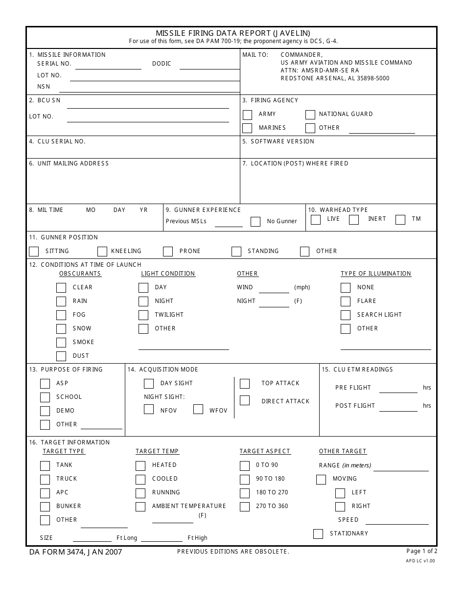 DA Form 3474 Missile Firing Data Report (Javelin), Page 1