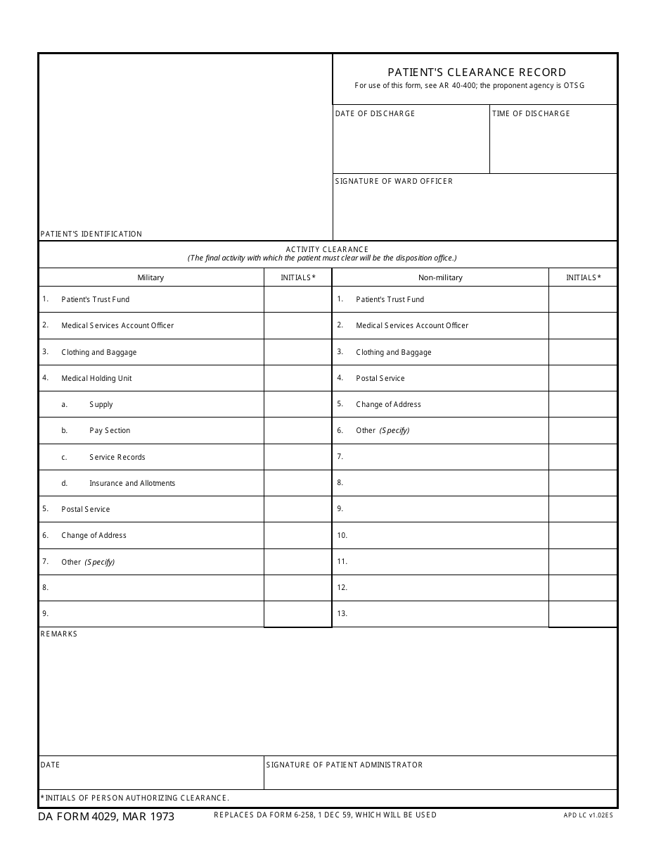 DA Form 4029 Patients Clearance Record, Page 1