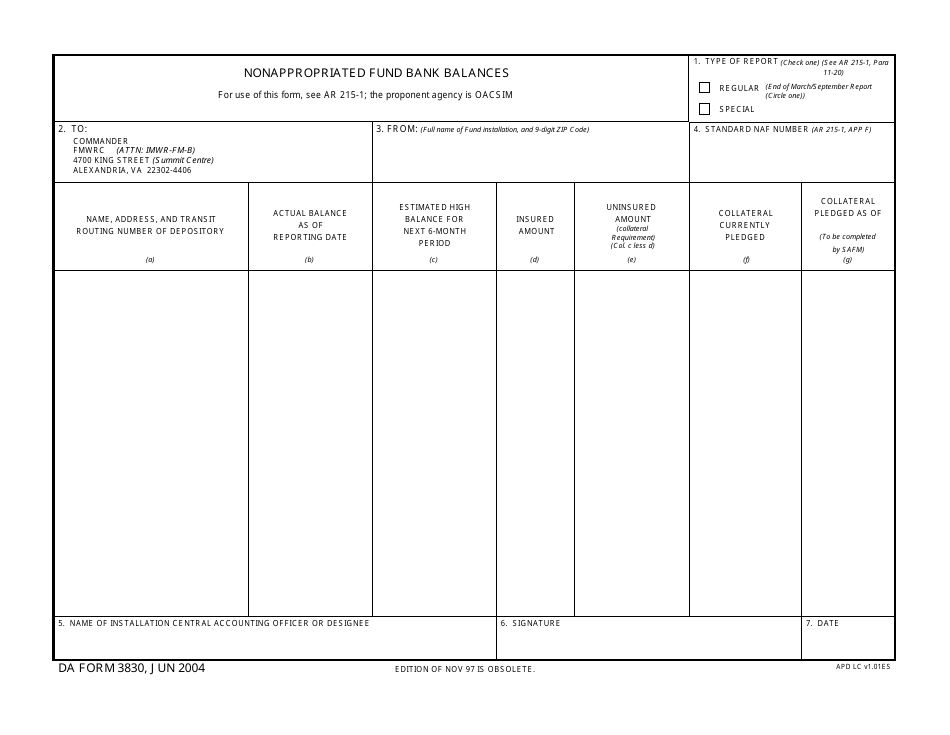 DA Form 3830 Nonappropriated Fund Bank Balances, Page 1