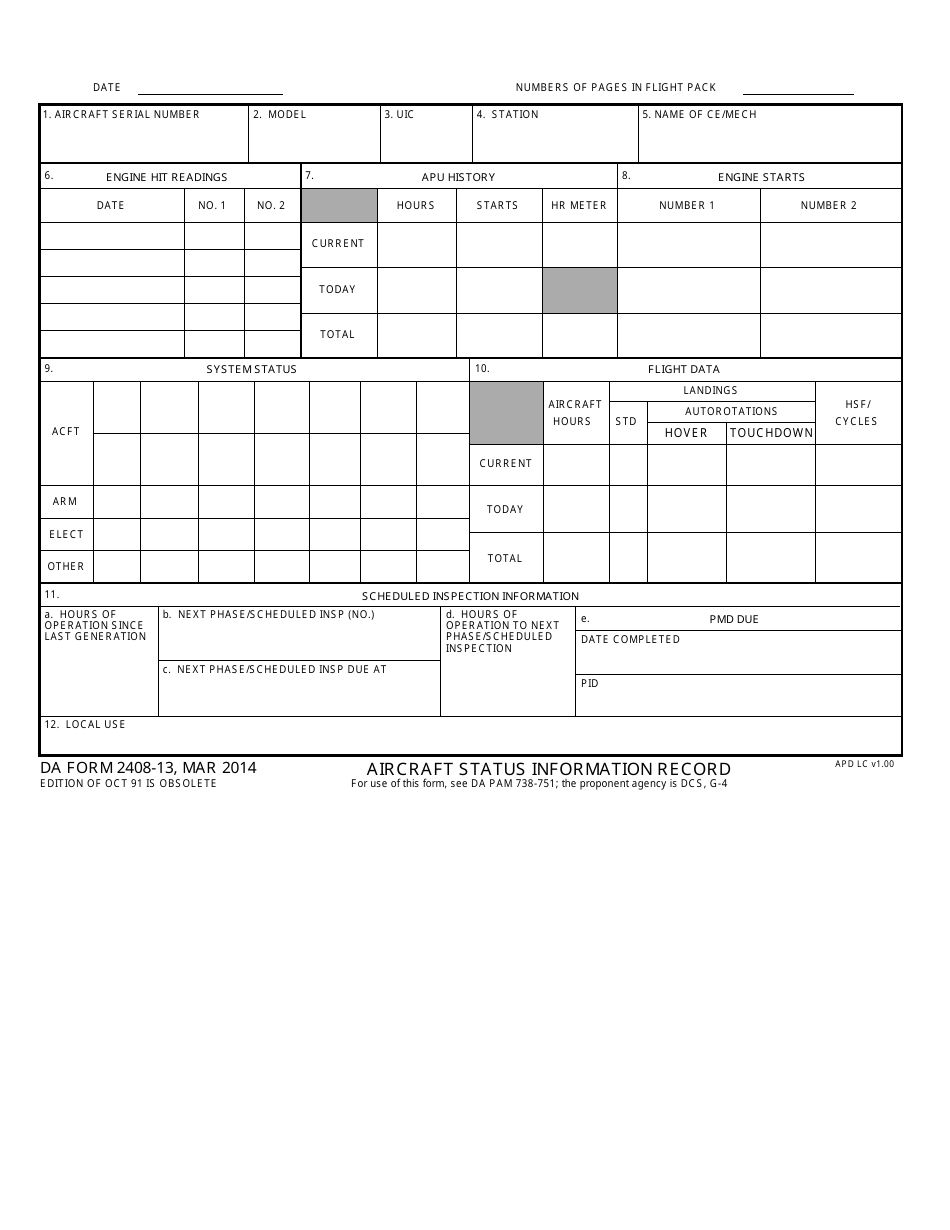 DA Form 2408-13 Aircraft Status Information Record, Page 1