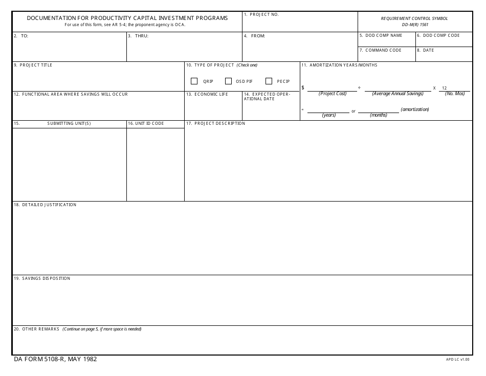 DA Form 5108-r Documentation for Productivity Capital Investments Program, Page 1