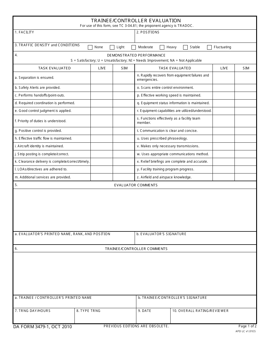 DA Form 3479-1 Trainee / Controller Evaluation, Page 1