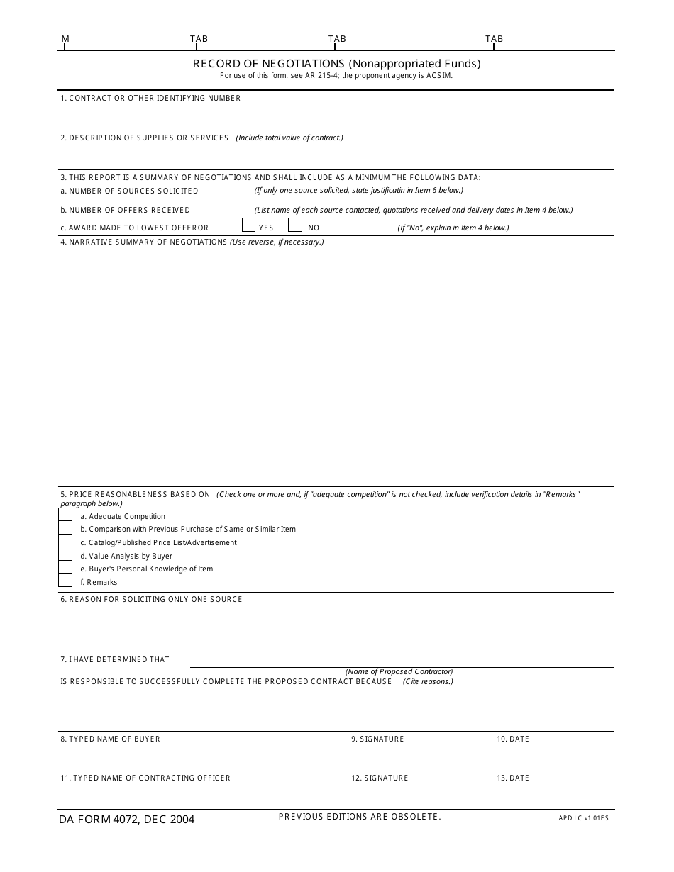 DA Form 4072 Record of Negotiations (Nonappropriated Funds), Page 1