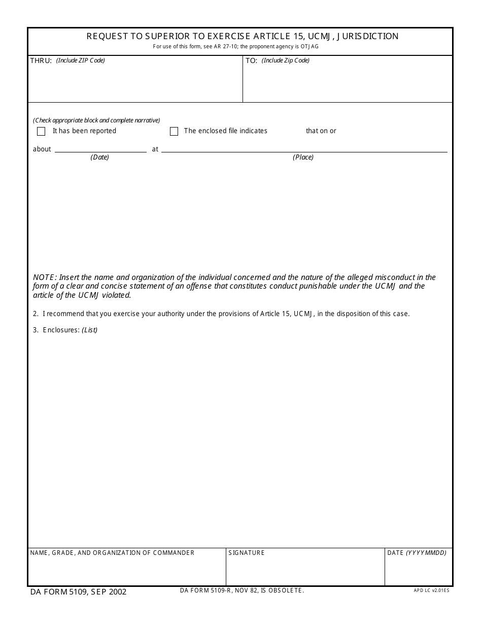 DA Form 5109 Request to Superior to Exercise Article 15, UCMJ, Jurisdiction, Page 1