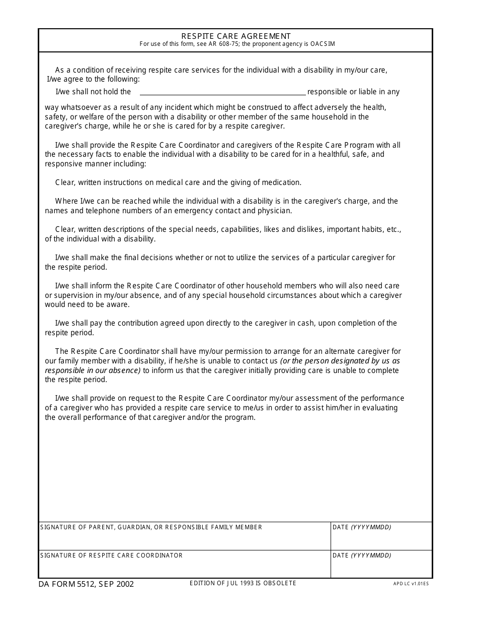DA Form 5512 Respite Care Agreement, Page 1