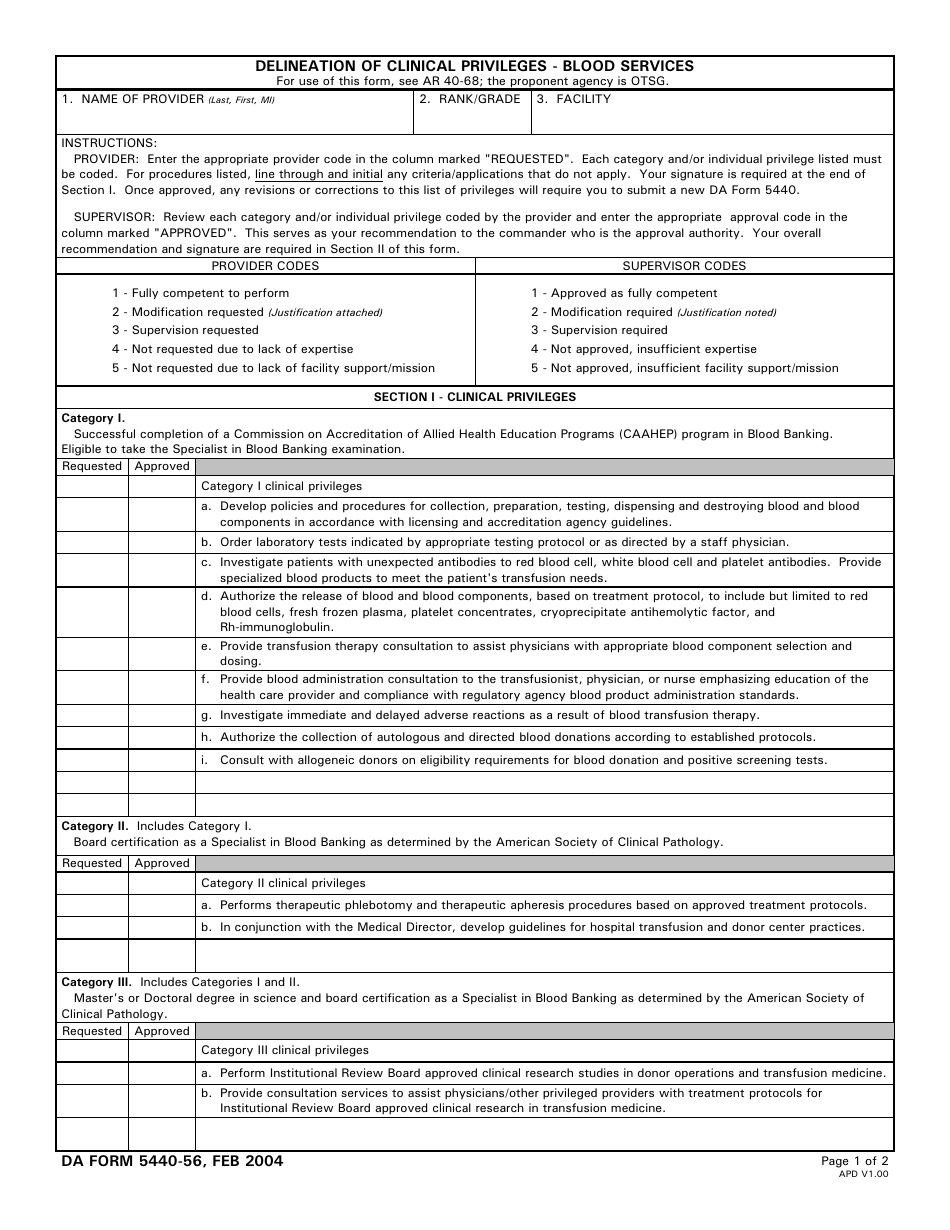Da Form 5440 56 Download Printable Pdf Or Fill Online Delineation Of Clinical Privileges Blood Services Templateroller