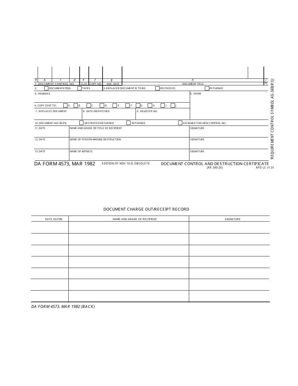 DA Form 4573 Document Control and Destruction Certificate, Page 1