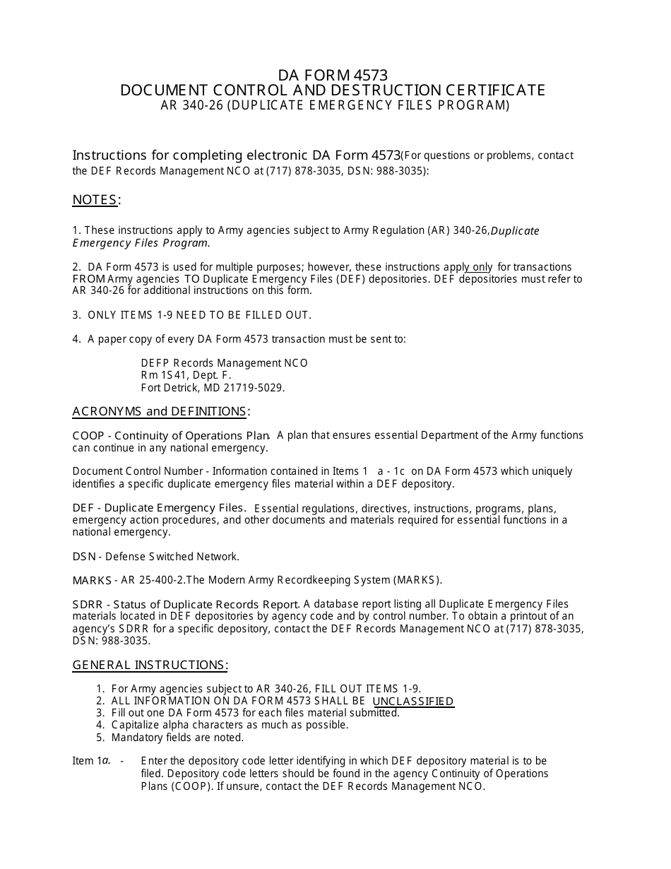 DA Form 4573 Document Control and Destruction Certificate, Page 2