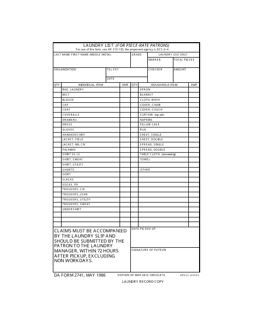 DA Form 2741  Printable Pdf