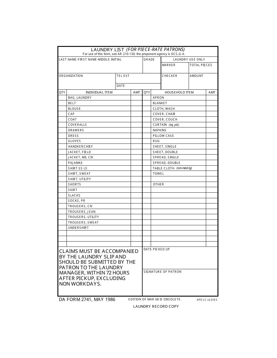 DA Form 2741 - Fill Out, Sign Online and Download Fillable PDF | Templateroller