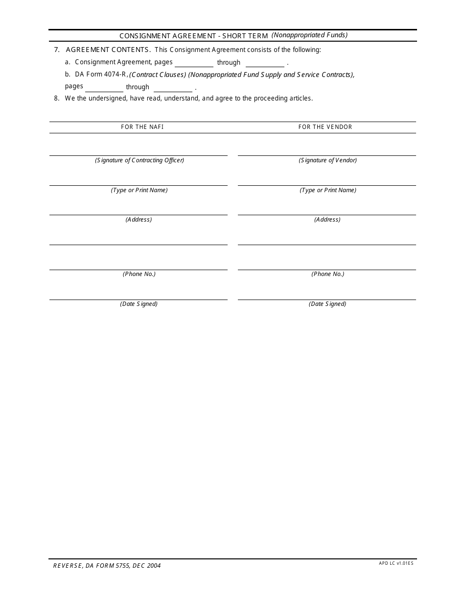 DA Form 5755 Consignment Agreement (Nonappropriated Funds), Page 2