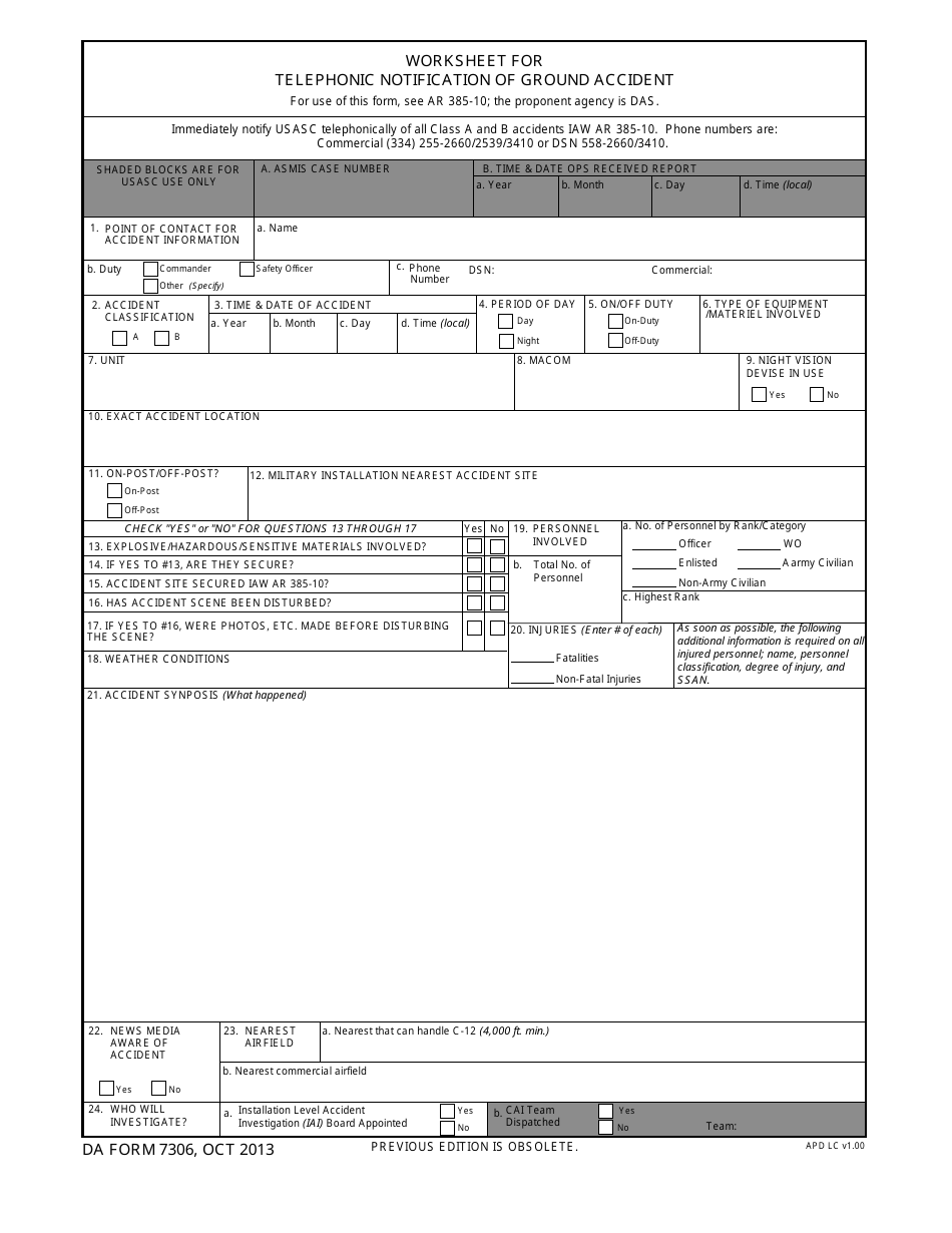 DA Form 7306 Worksheet for Telephonic Notification of Ground Accident, Page 1