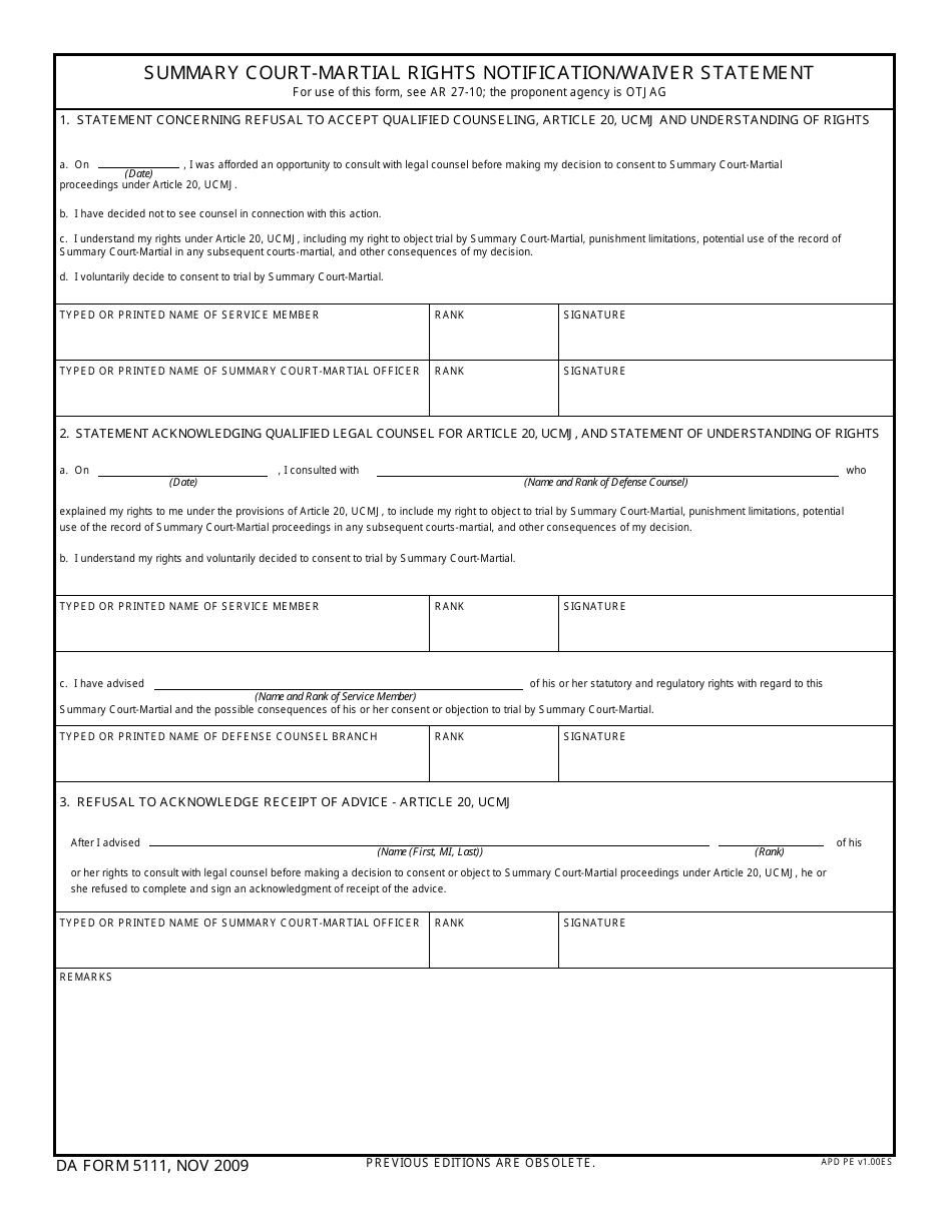 DA Form 5111 Summary Court - Martial Rights Notification / Waiver Statement, Page 1