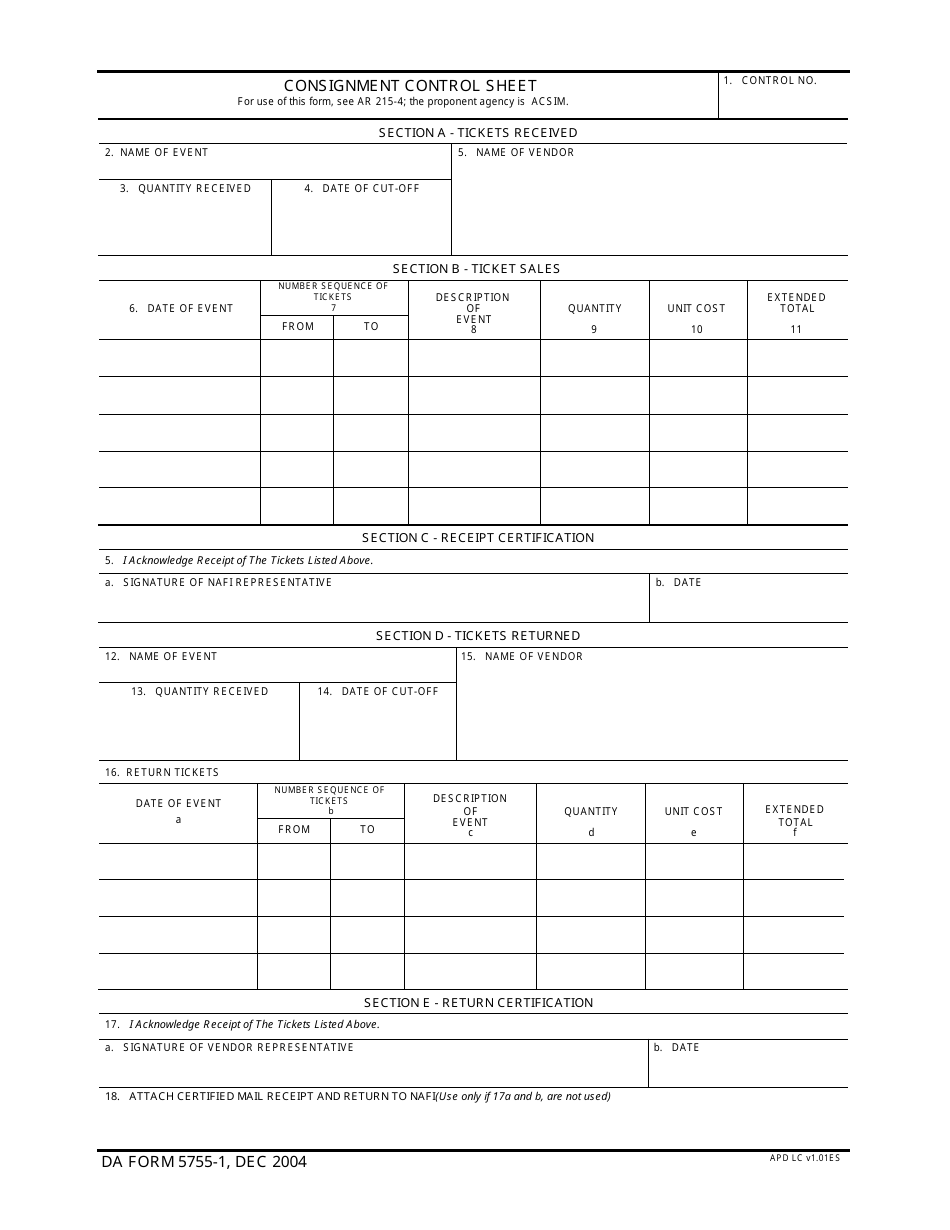 DA Form 5755-1 Consignment Control Sheet, Page 1