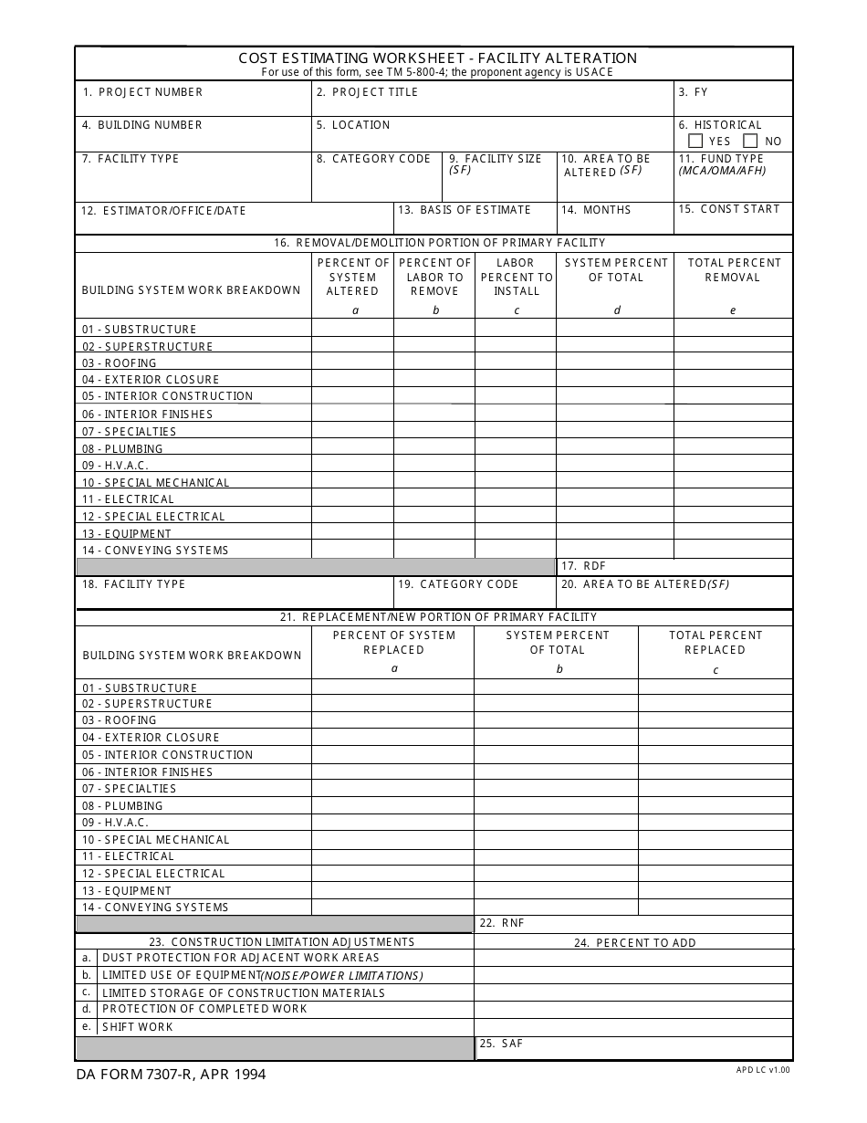 DA Form 7307-r Cost Estimating Worksheet - Facility Alteration, Page 1