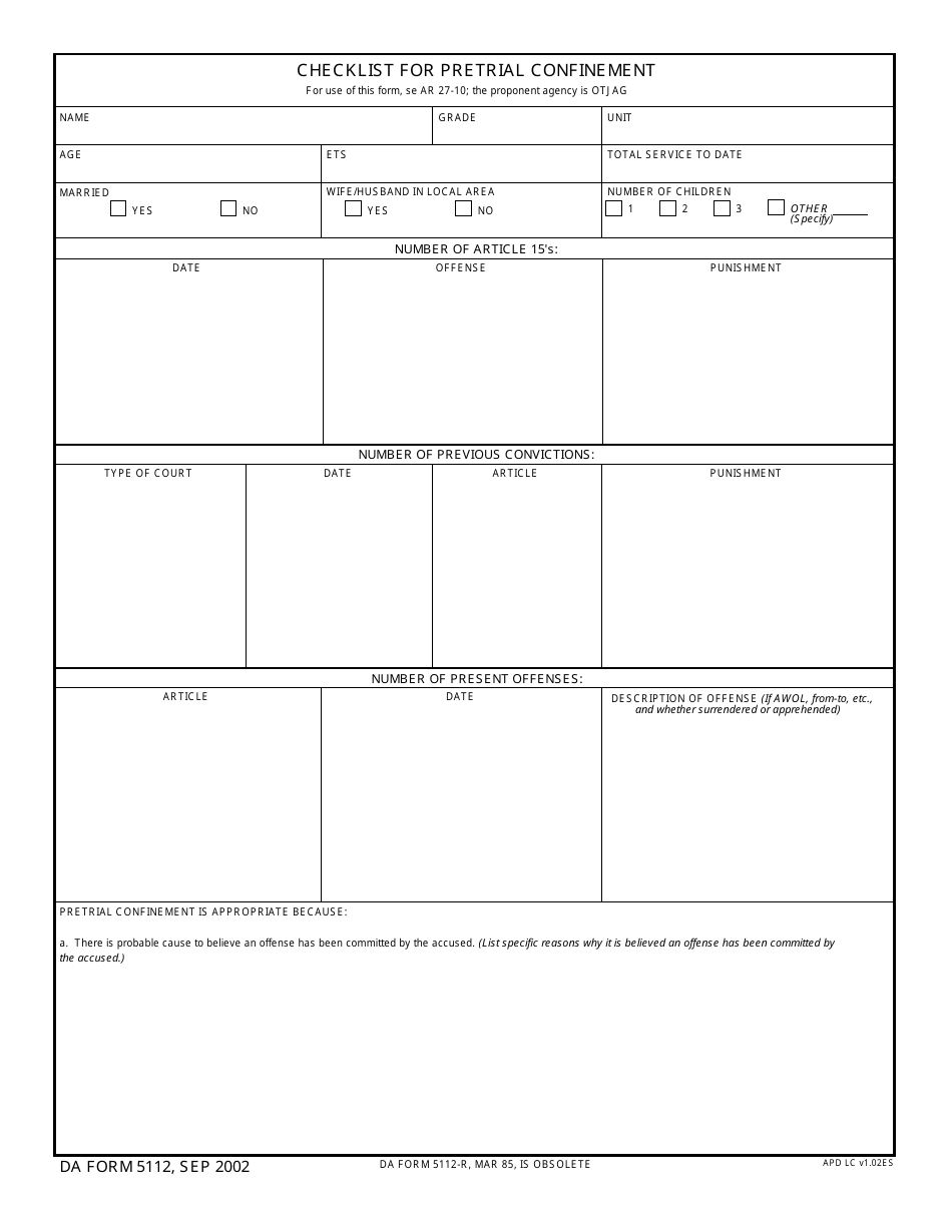 DA Form 5112 Checklist for Pretrial Confinement, Page 1