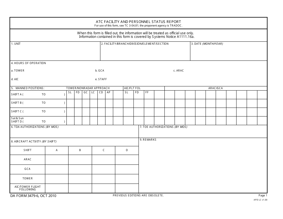 DA Form 3479-6 Atc Facility and Personnel Status Report, Page 1