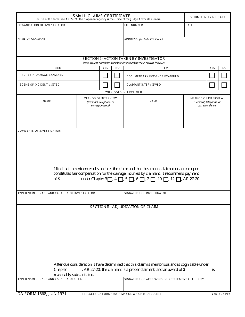DA Form 1668 Small Claims Certificate, Page 1