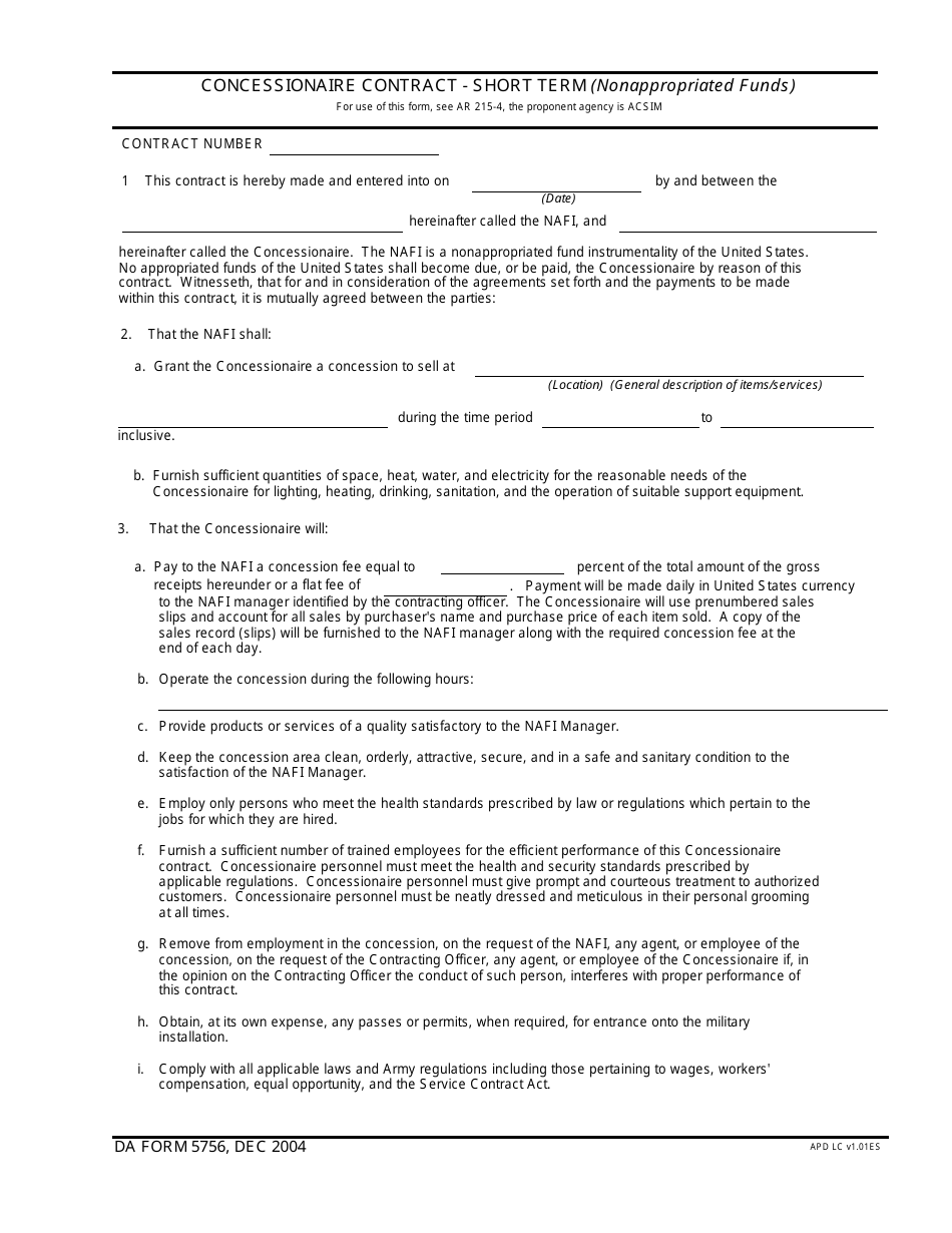 DA Form 5756 Concessionaire Contract-Short Term (Nonappropriated Funds), Page 1